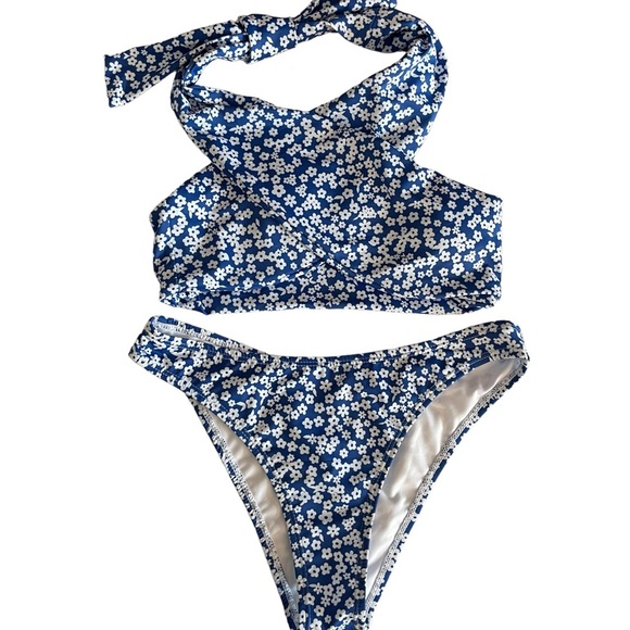 Halter Wrap Bikini Swim Top Cheeky High Waist Bikini Bottoms SET Blue M - Picture 6 of 17